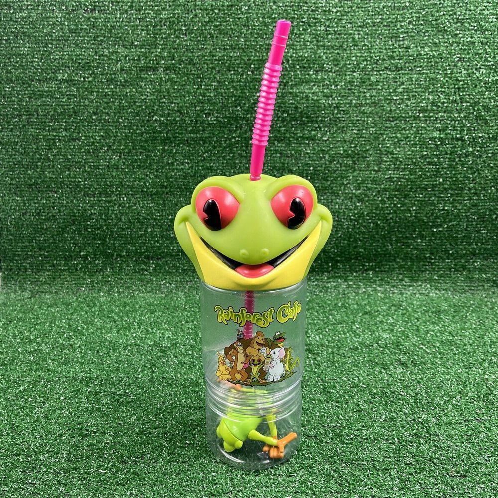 Rainforest Cafe Frog Souvenir Cup With Straw and‎ Frog Figure On Bottom